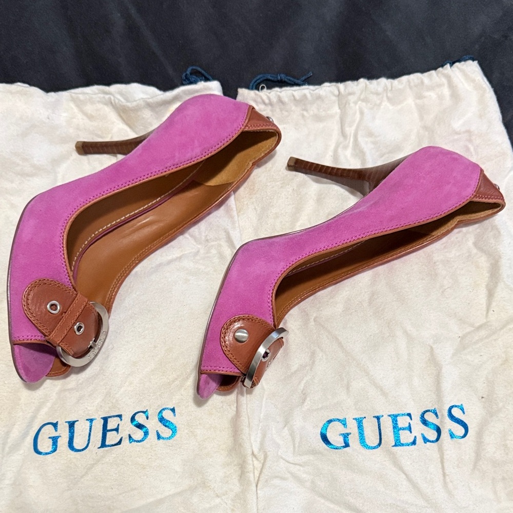 Guess Chic Pink and Brown Peep Toe Heels - Picture 2 of 7